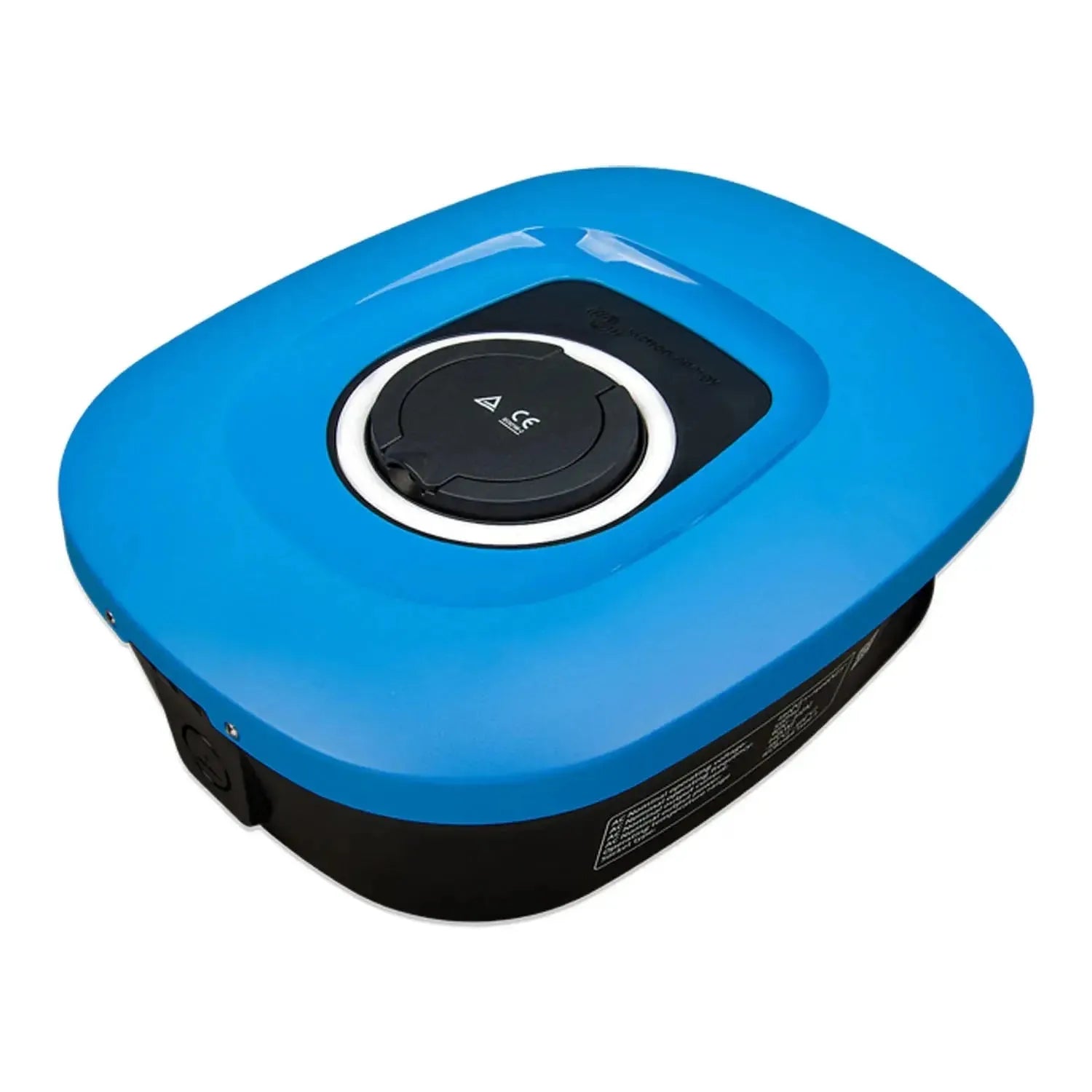 Blue and black Victron EV charging station with circular black control panel and white ring accent on top surface.