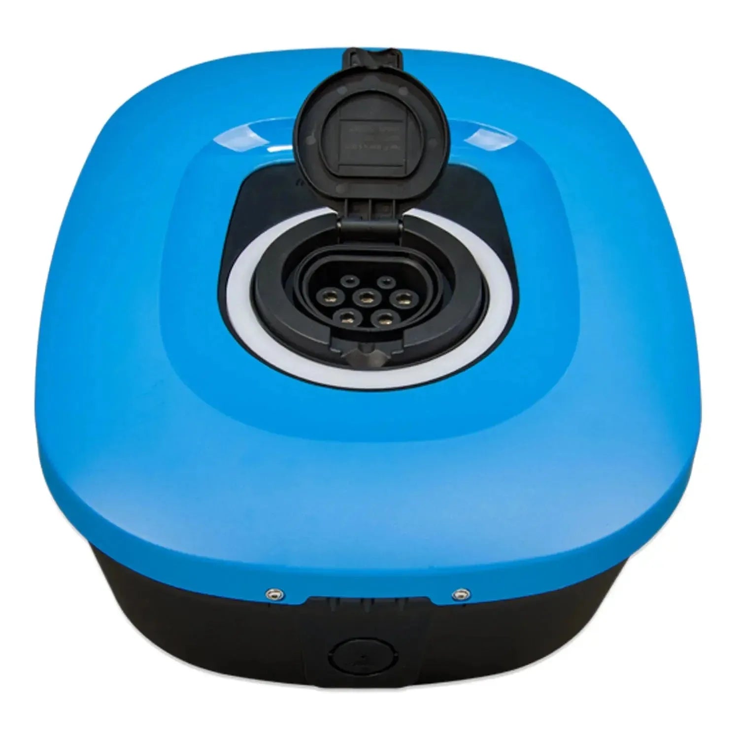 Top-down view of a blue and black electric vehicle charging station with a black connector port and cable management system.