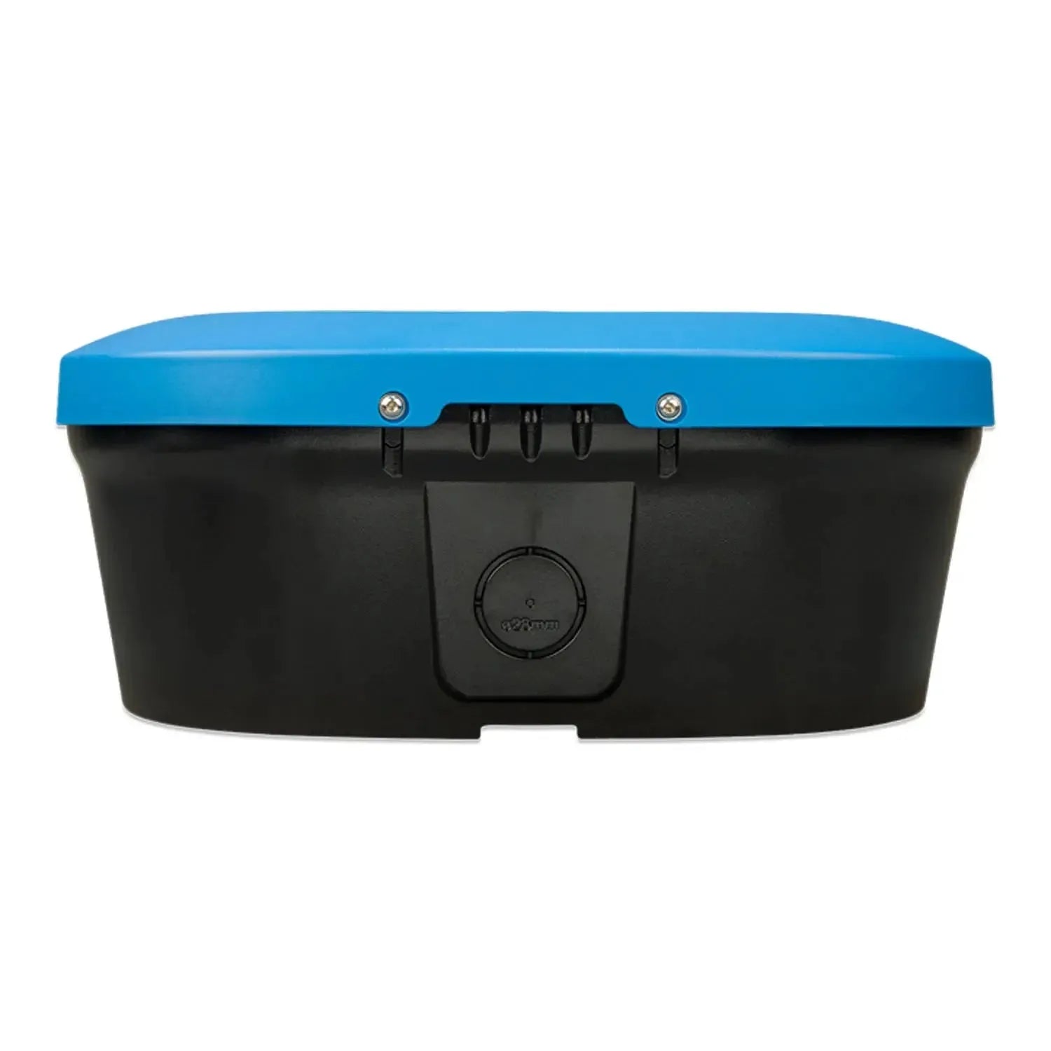 Blue and black storage box or equipment container with hinged lid and central locking mechanism, front product view.