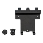 Black mounting bracket with three crenellated tabs at top, two mounting holes, and accompanying connector and cap shown separ