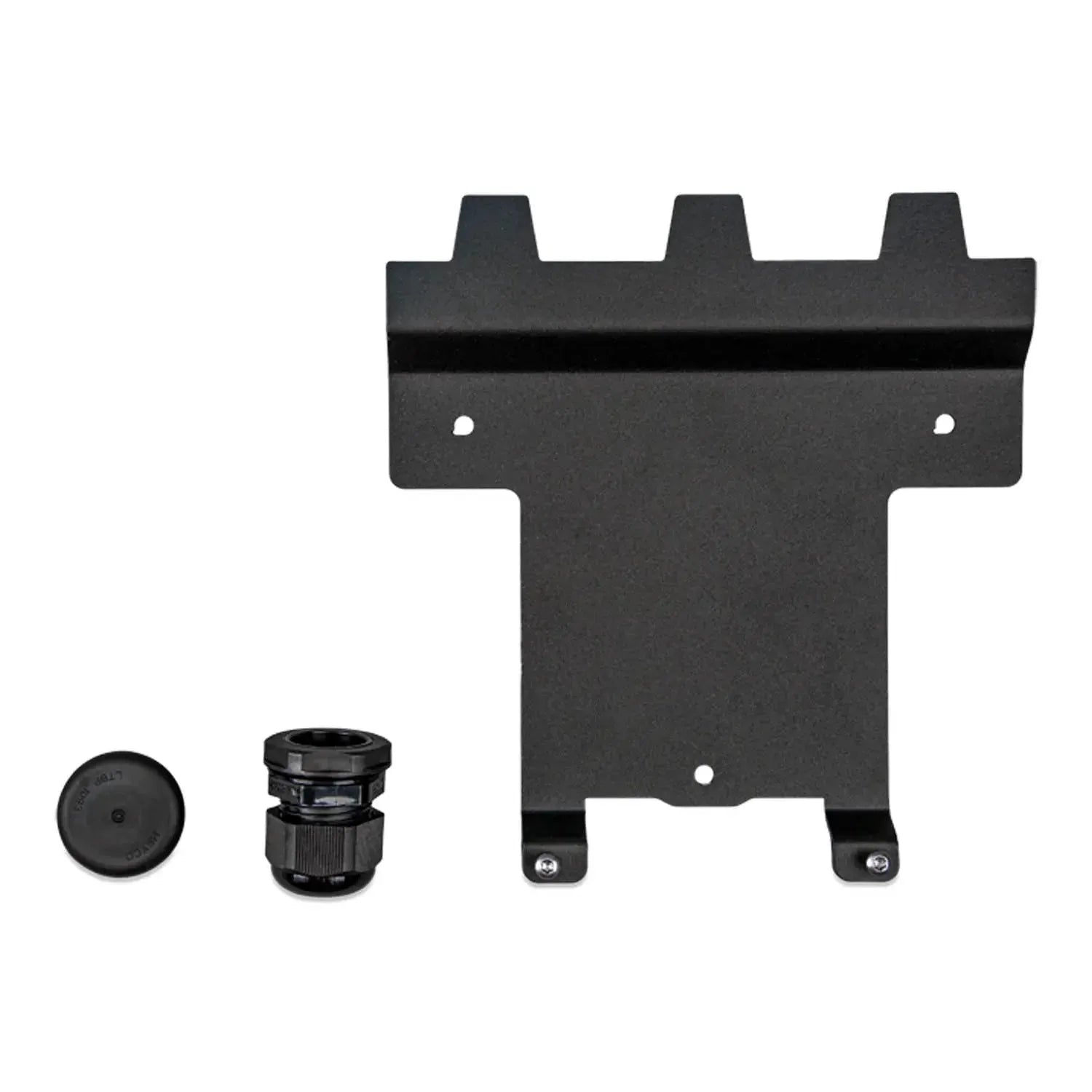 Black mounting bracket with three crenellated tabs at top, two mounting holes, and accompanying connector and cap shown separ