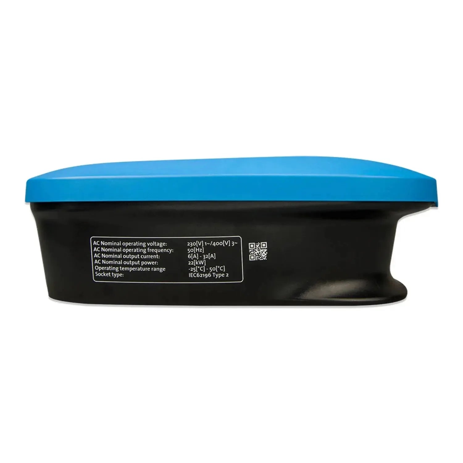 Blue and black EV charging station shown from the side, displaying white technical specifications label including voltage, fr