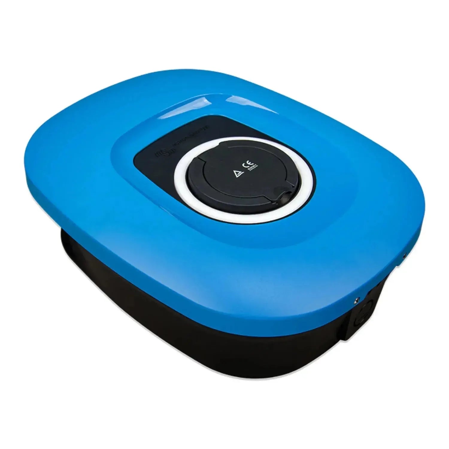 Blue and black EV charging station with circular black control dial and white ring, shown as product alone against white back