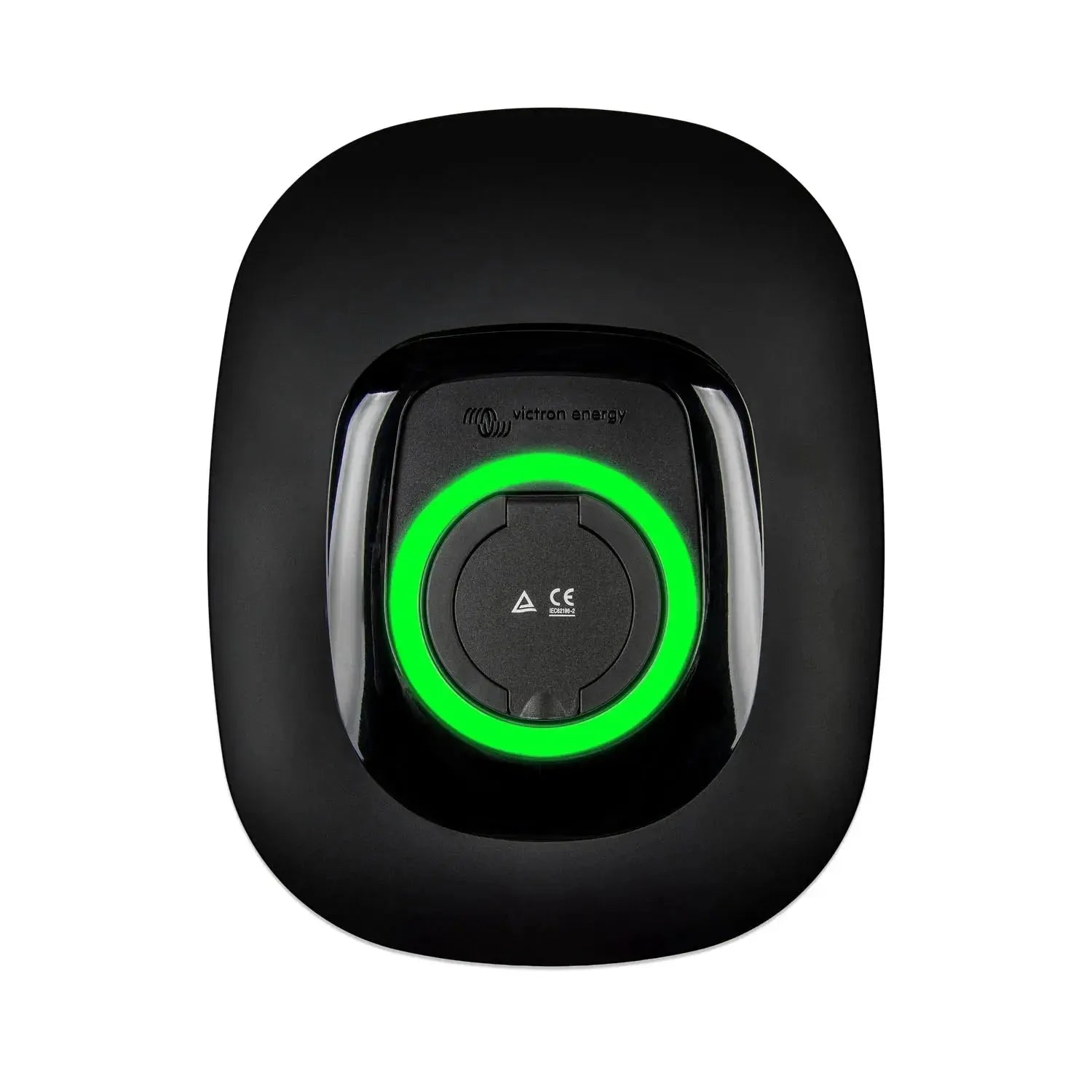 Black front panel for Victron EV charging station with bright green illuminated ring and central charging port, front view.