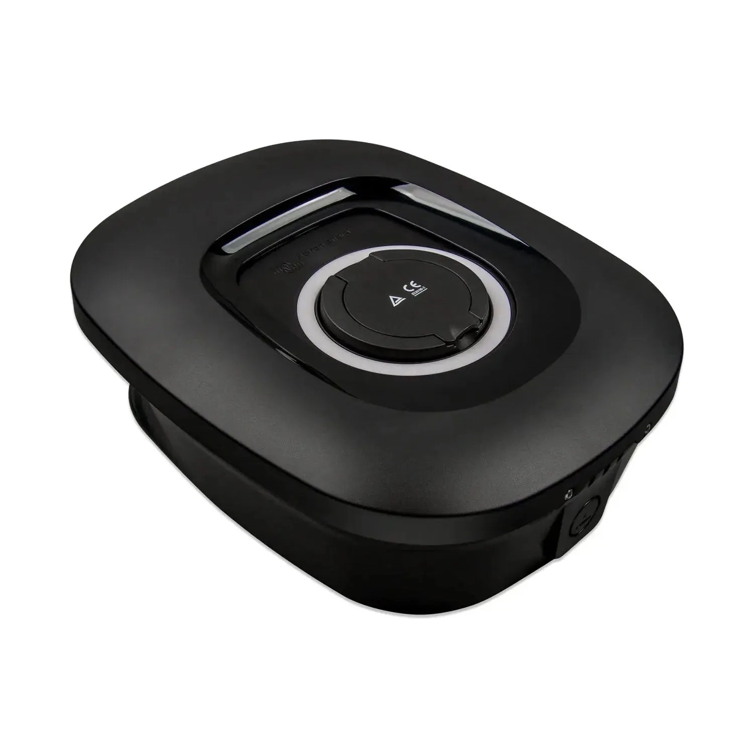 Black curved front panel with circular dial and silver accent ring for EV charging station, product shot on white background.