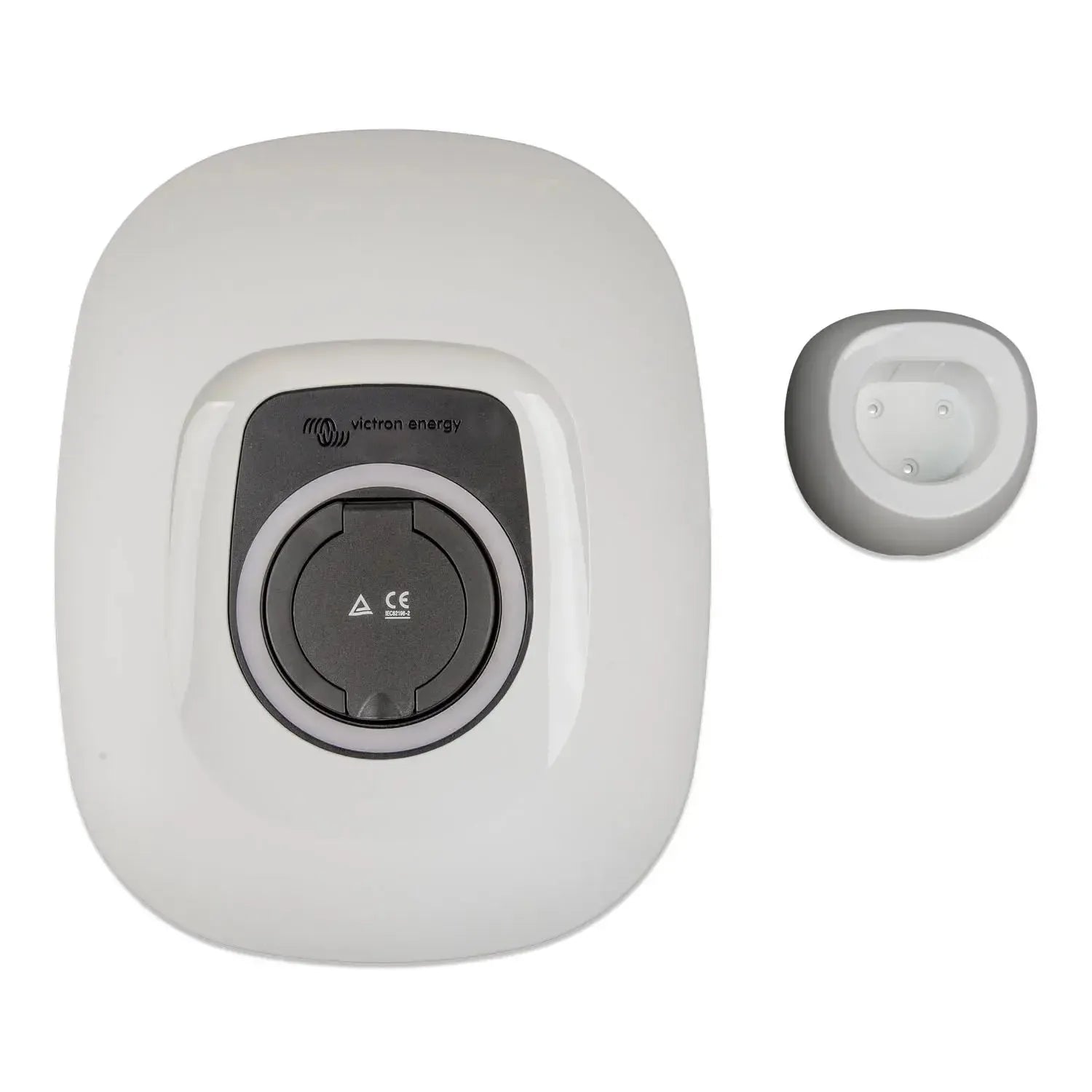 Victron Energy EV charging station front cover in white with circular dark interface panel, shown with separate circular wall