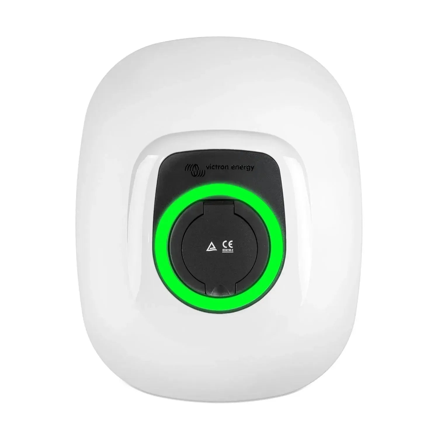 White EV charging station front cover with black central connector ring and bright green illuminated circle, Victron Energy b