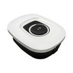 White and black EV charging station front cover with circular black dial interface and cable port on side.