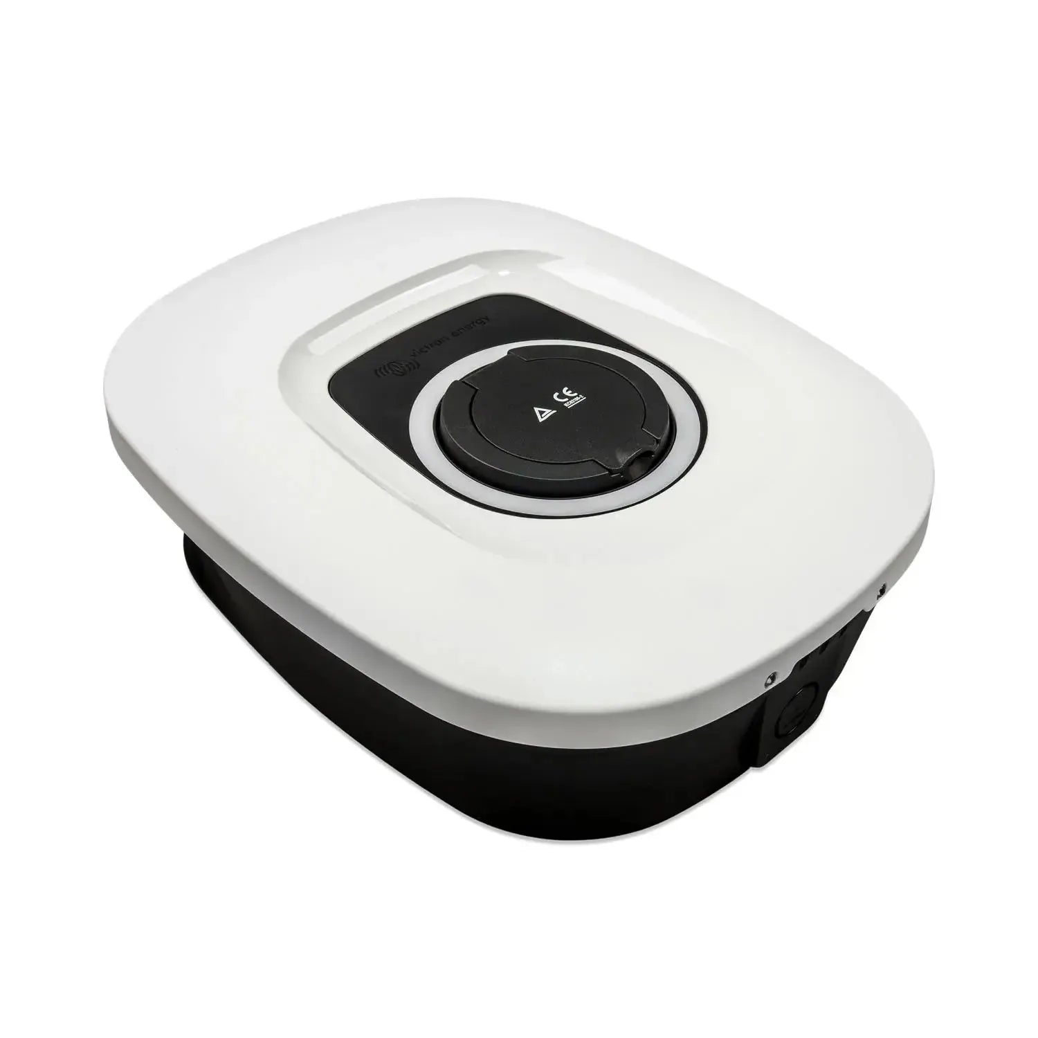 White and black EV charging station front cover with circular black dial interface and cable port on side.