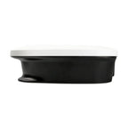 Black oval container with white lid, front cover product view against white background.