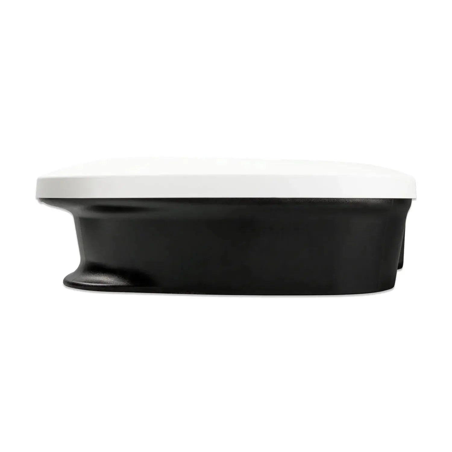 Black oval container with white lid, front cover product view against white background.