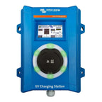 Victron Energy blue EV charging station with illuminated circular connector and digital display screen showing charging statu