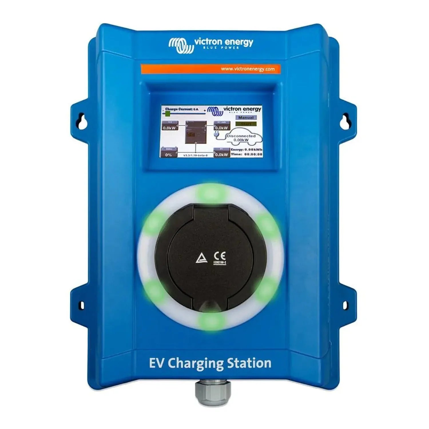 Victron Energy blue EV charging station with illuminated circular connector and digital display screen showing charging statu