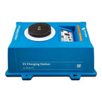 Blue EV charging station with black circular connector on top, product documentation compartment, IP65 rated, front-facing vi