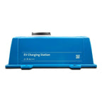 Blue EV Charging Station with handle and IP65 rating label, front view product shot.