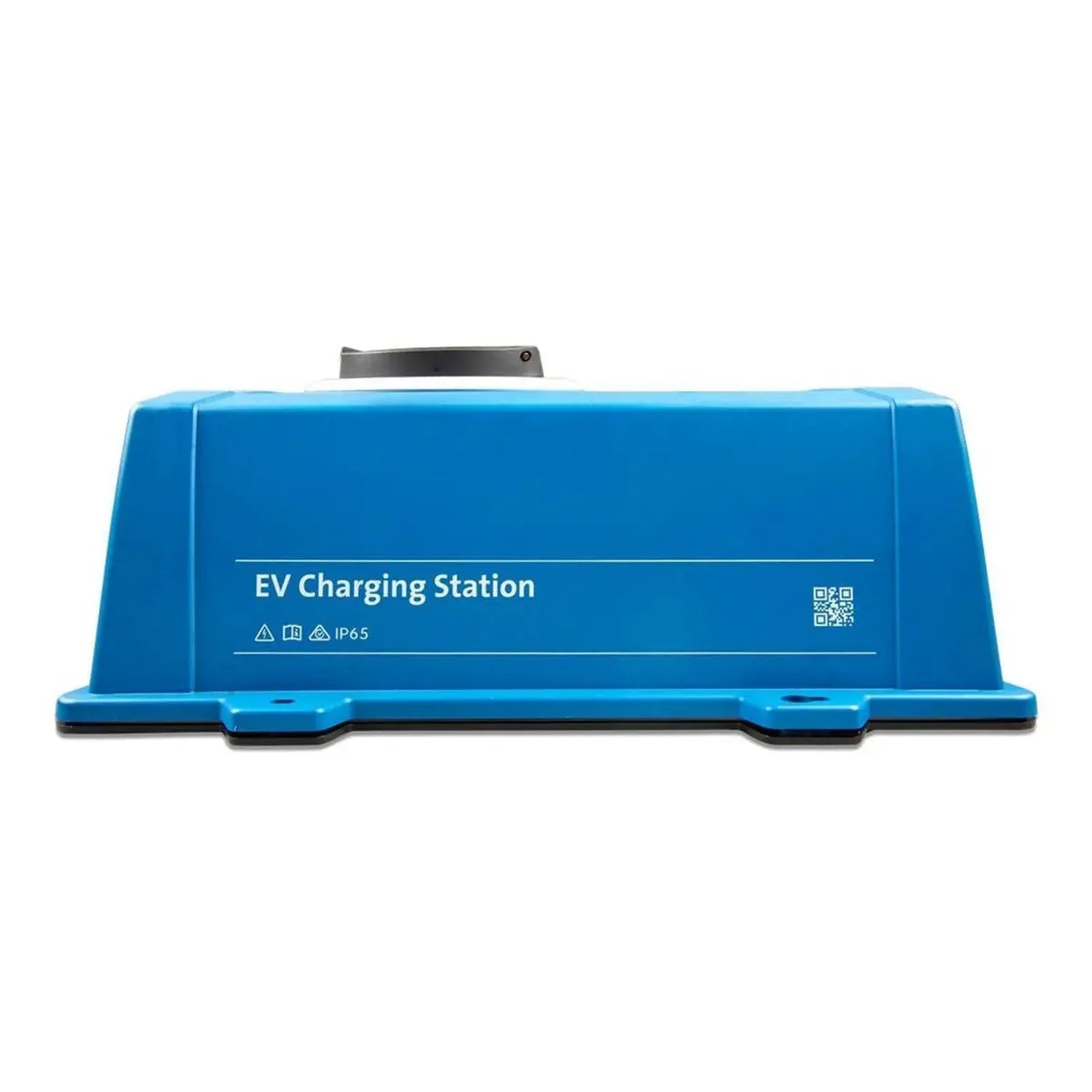 Blue EV Charging Station with handle and IP65 rating label, front view product shot.