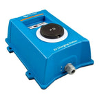 Blue EV charging station with black Type 2 connector on top and electrical inlet on lower right side, product shot on white b