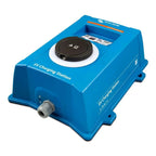 Blue EV charging station with black circular connector on top, cable port on left side, product shot on white background.