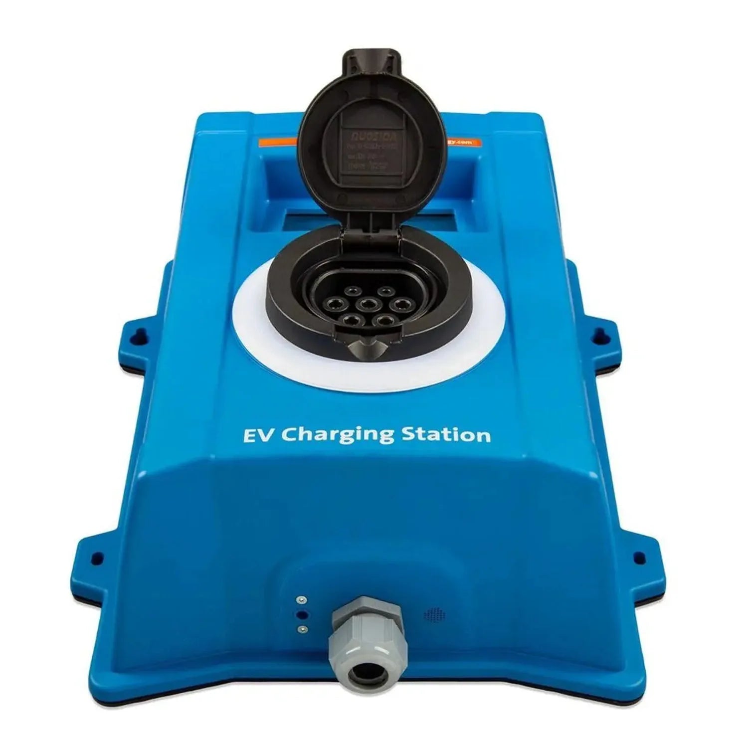 Blue EV charging station with open black Type 2 connector displaying seven charging pins, shown against white background.