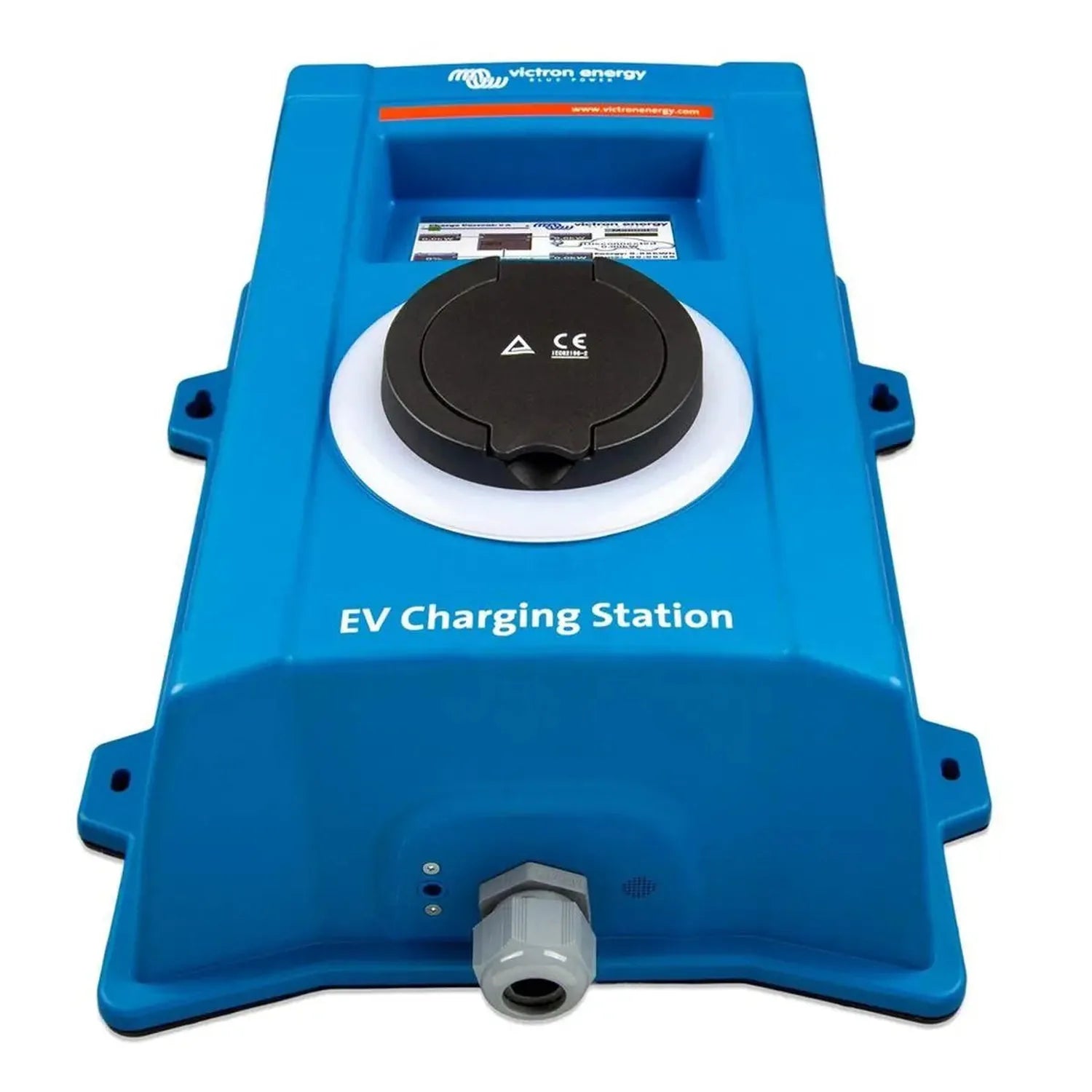 Blue Victron Energy EV charging station with black circular connector, display panel, and cable port, shown from above.