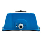 Blue EV charging station with Type 2 connector port, front view product shot against white background.