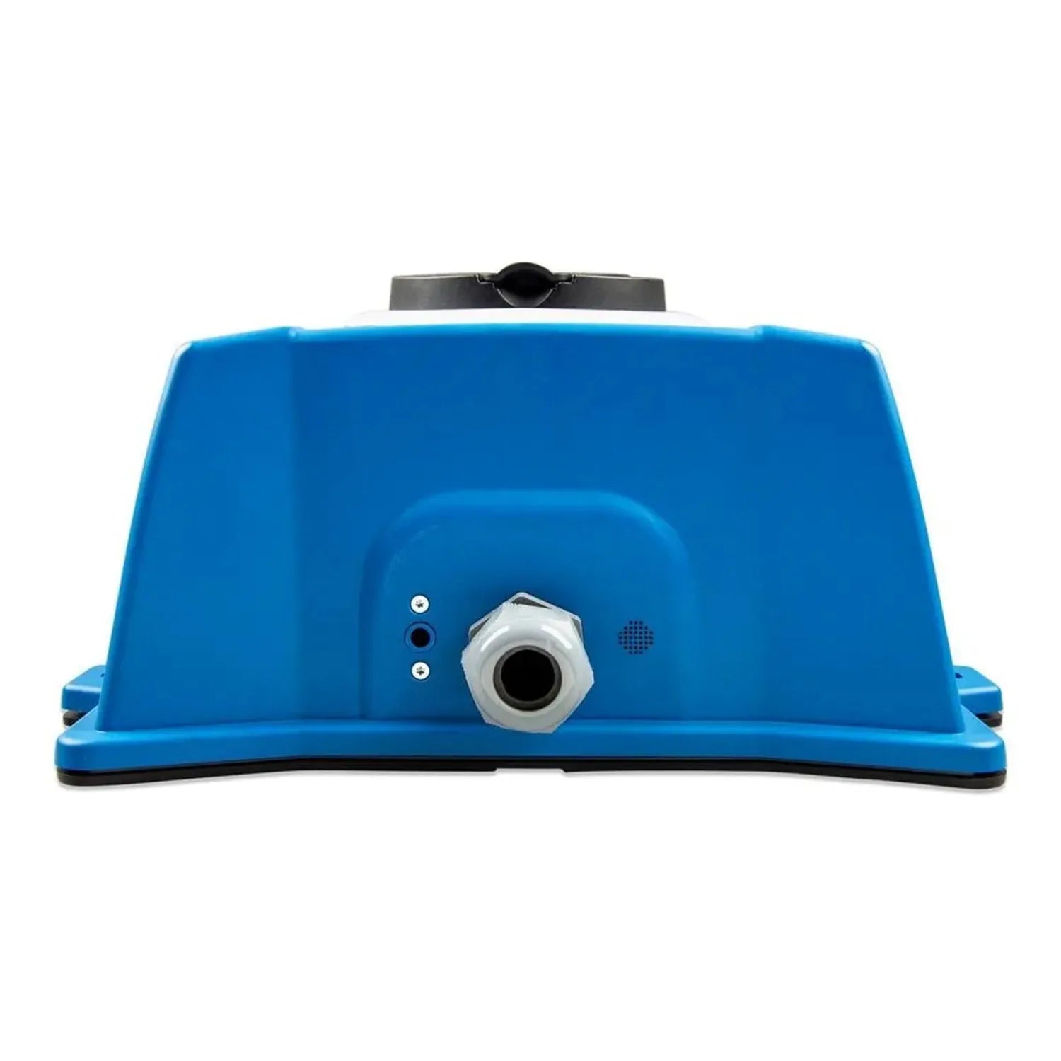 Blue EV charging station with Type 2 connector port, front view product shot against white background.