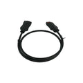 Black AC extension cable coiled in circle with male plug on right and female socket on left against white background.