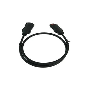 Black AC extension cable coiled in circle with male plug on right and female socket on left against white background.