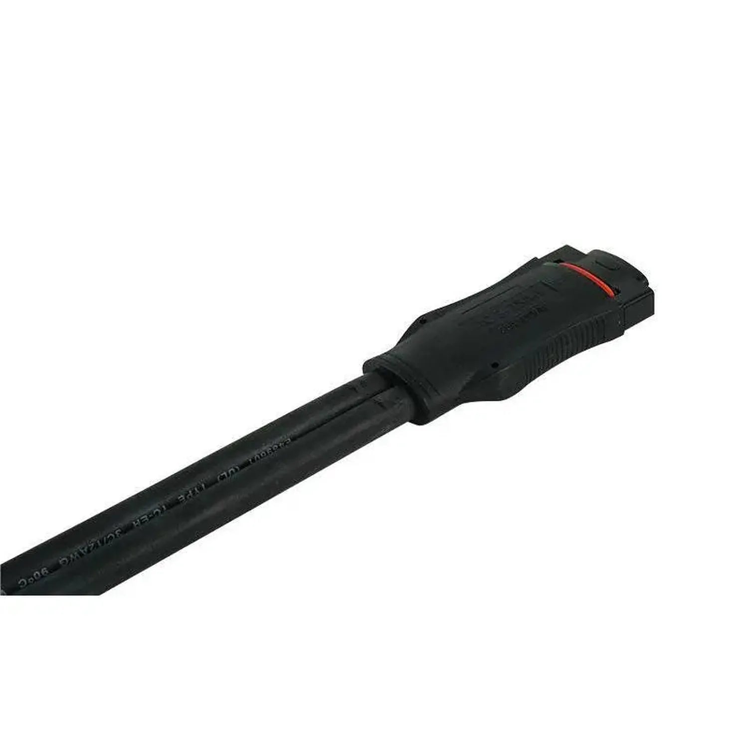 Black 3-pin AC extension cable with male connector end and red accent stripe, coiled presentation against white background.