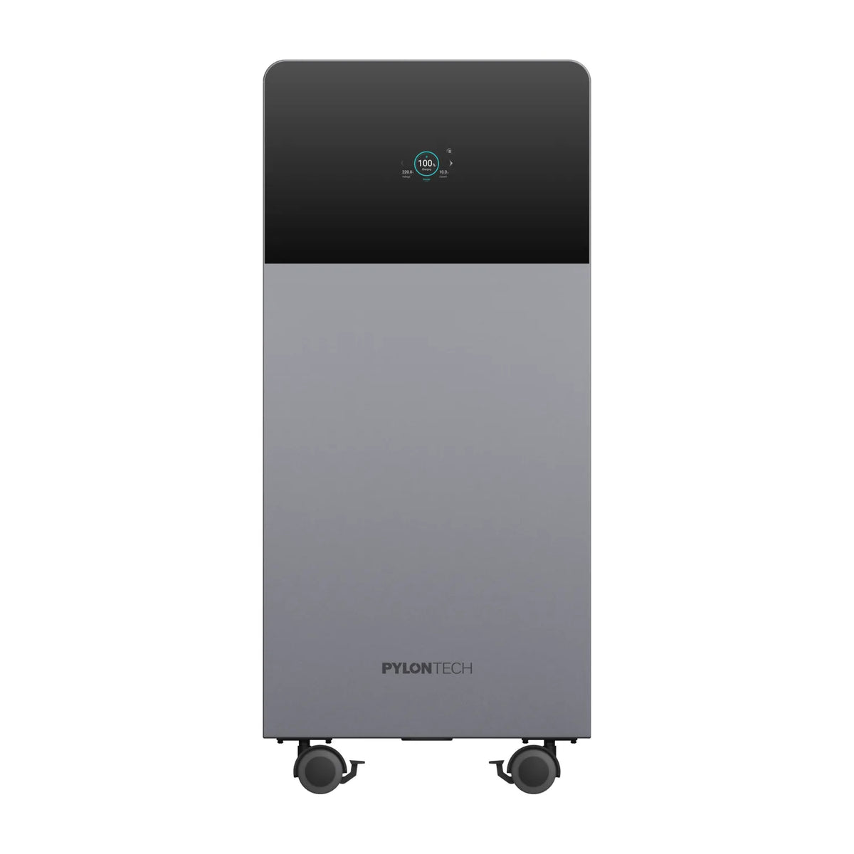Pylontech Fidus PRO battery unit displayed front-on, showing gray lower body, black top section, digital display indicating 1
