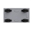 Top-down view of gray rectangular battery unit with four black corner wheels and two oval button controls in center.