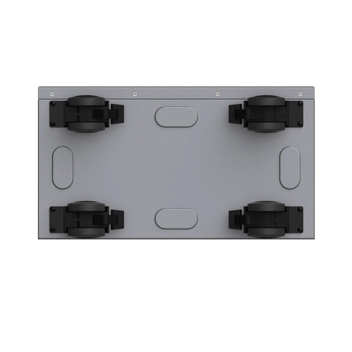Top-down view of gray rectangular battery unit with four black corner wheels and two oval button controls in center.