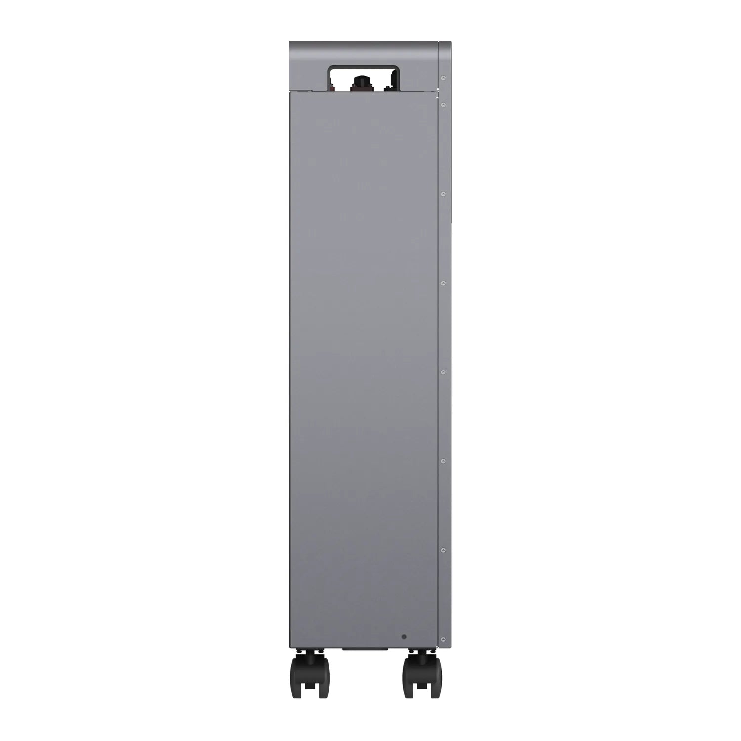 Tall gray rectangular battery enclosure with black feet and carrying handle at top, shown against white background.