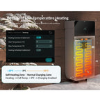 Pylontech Fidus PRO battery with low-temperature heating feature diagram showing yellow heating coils and settings menu for i