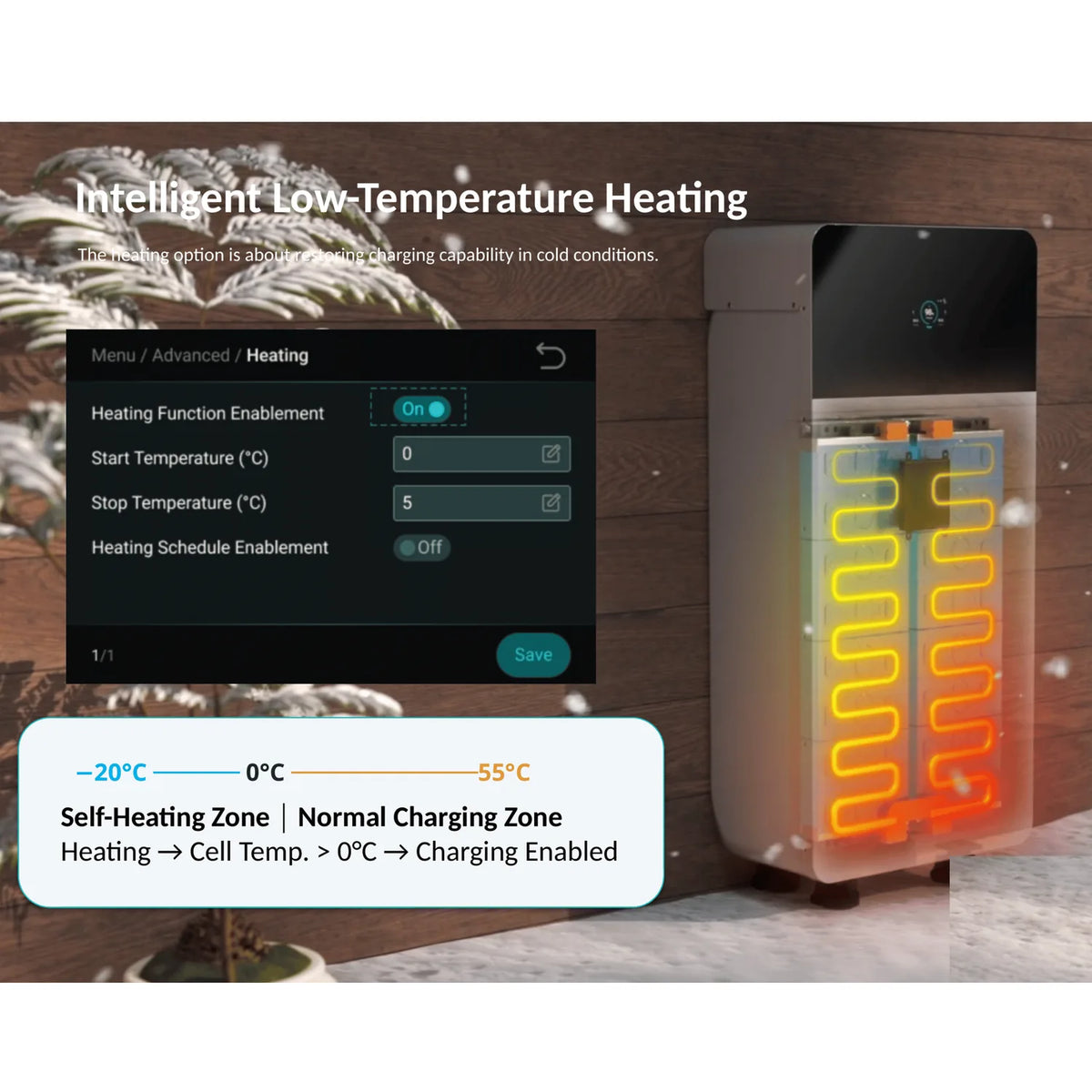 Pylontech Fidus PRO battery with low-temperature heating feature diagram showing yellow heating coils and settings menu for i