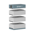 Pylontech stacked battery system diagram showing control unit on top with three modular white battery boxes below with dark g
