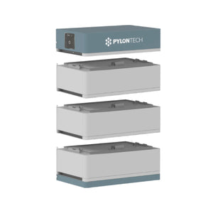 Pylontech stacked battery system diagram showing control unit on top with three modular white battery boxes below with dark g