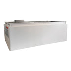 White rectangular high-voltage battery module with stainless steel top terminal and red label on left side, product shot on w