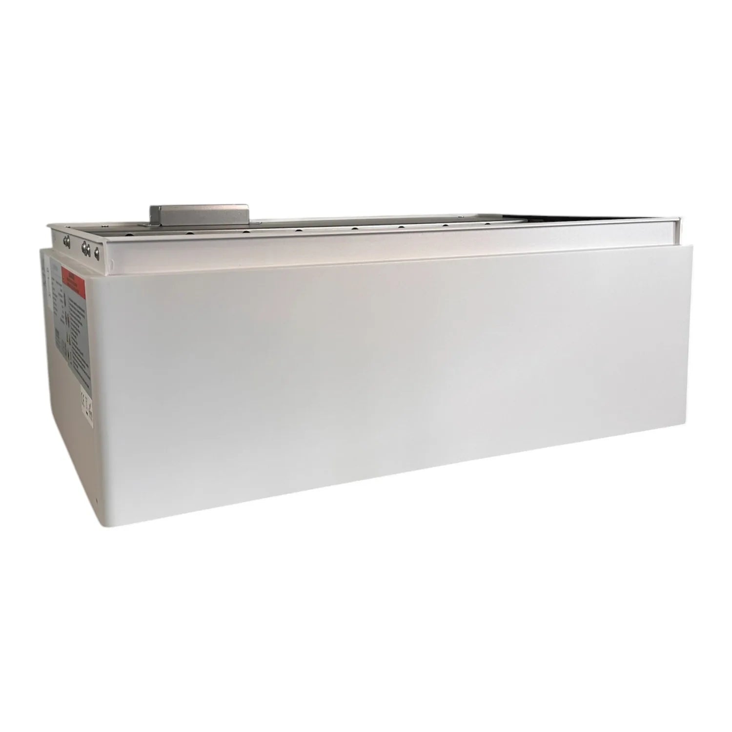White rectangular high-voltage battery module with stainless steel top terminal and red label on left side, product shot on w