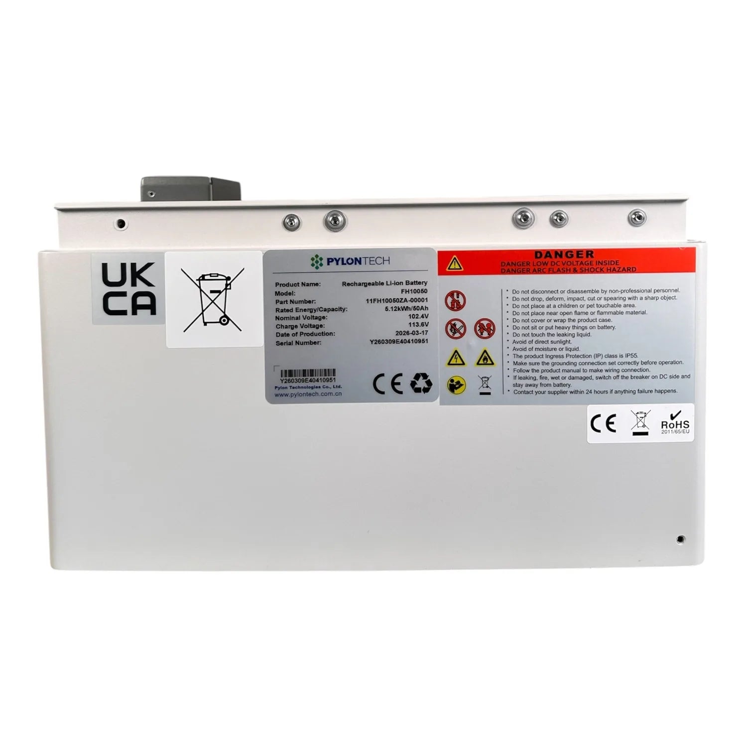 Pylontech rechargeable lithium battery module rear panel showing product label, safety warnings, and regulatory certification