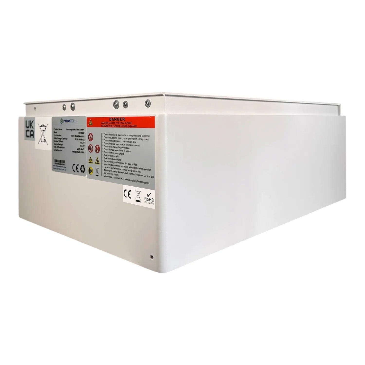White rectangular battery module with danger warning label and CE certification marks on front panel.