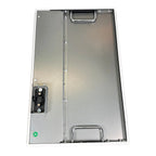 Rear view of Pylontech battery module showing metallic enclosure with internal wiring, cooling connector, mounting handles, a
