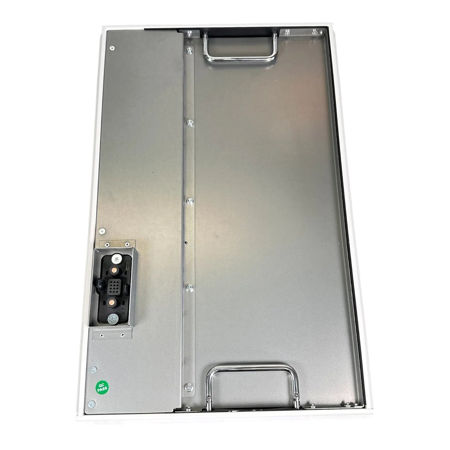 Rear view of Pylontech battery module showing metallic enclosure with internal wiring, cooling connector, mounting handles, a