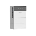 Pylontech Force FH3X hybrid solar inverter and battery stack with digital display showing 100% charge level.