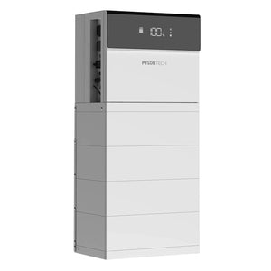 Pylontech Force H3X hybrid solar inverter with stacked battery modules, displaying 100% charge on digital screen.