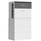 Pylontech Force H3X hybrid solar inverter with stacked battery modules, displaying 100% charge on digital screen.