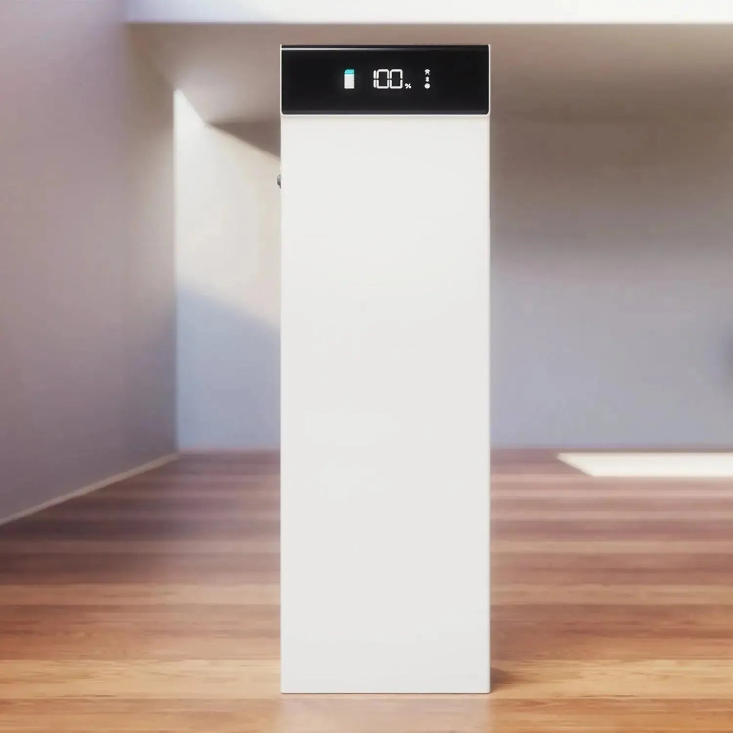 White rectangular hybrid solar inverter with black digital display showing battery percentage, positioned on wooden floor ind