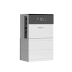 Pylontech Force H3X hybrid solar inverter with stacked white battery modules, digital display showing 100% charge level.