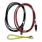 Three electrical cables coiled against white background: black cable, red and black cable with connectors, and yellow and gre