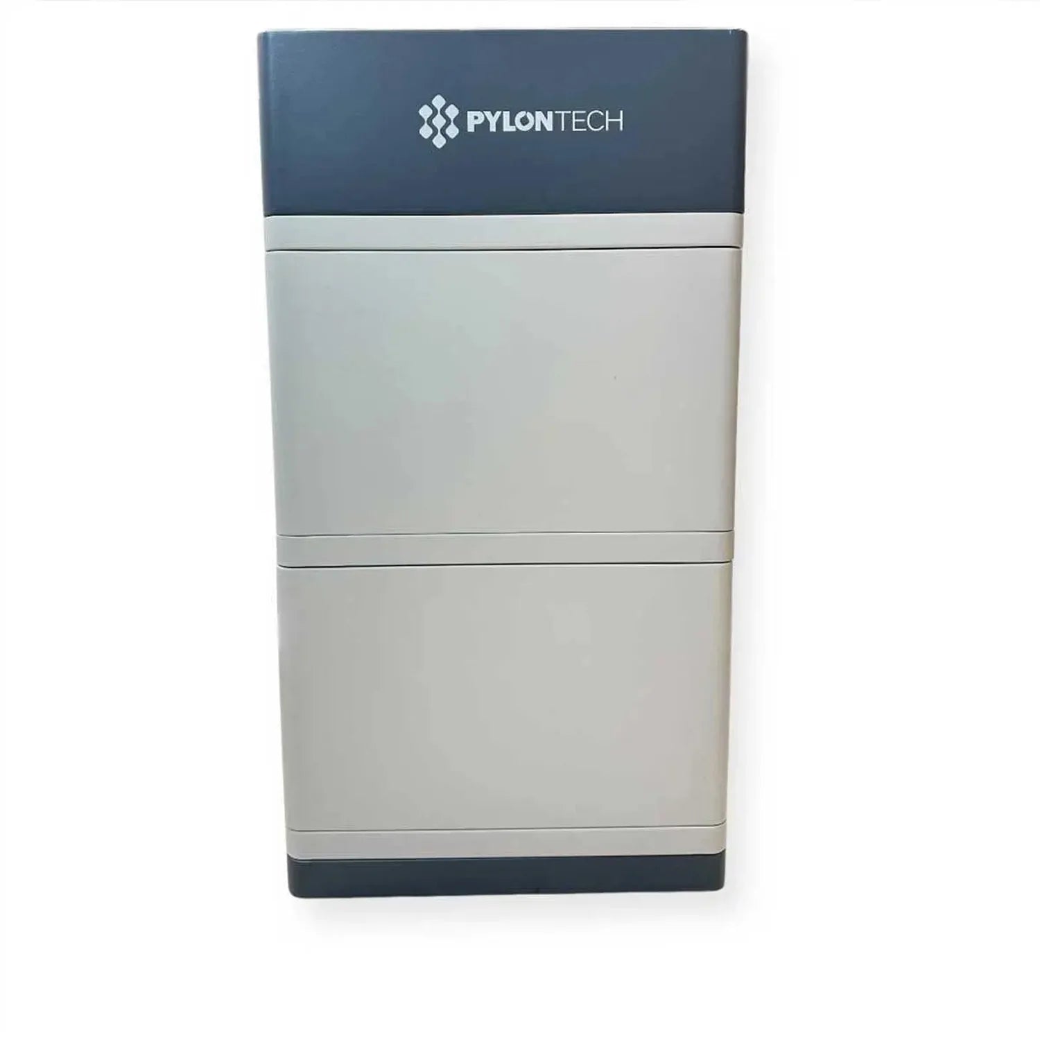 Pylontech wall-mounted battery management system with dark blue top panel, light gray body sections, and dark base.